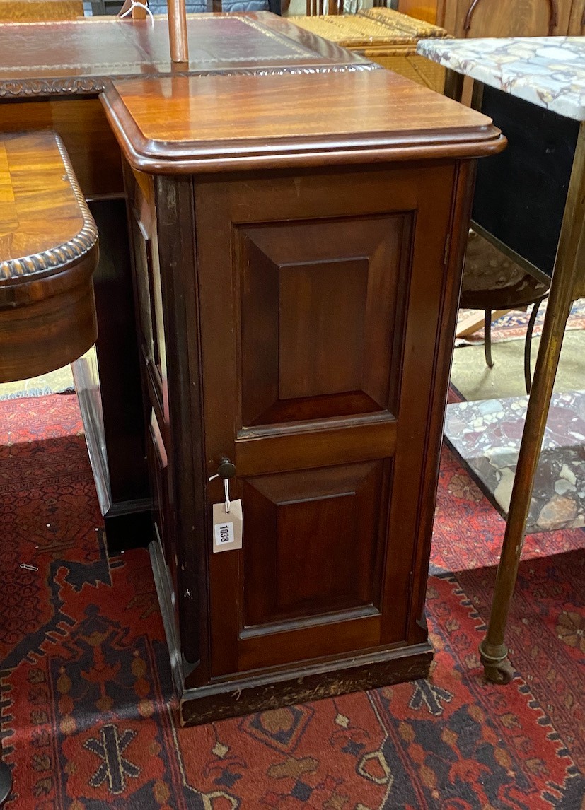 A Victorian panelled mahogany bedside cabinet, width 39cm, depth 34cm, height 78cm